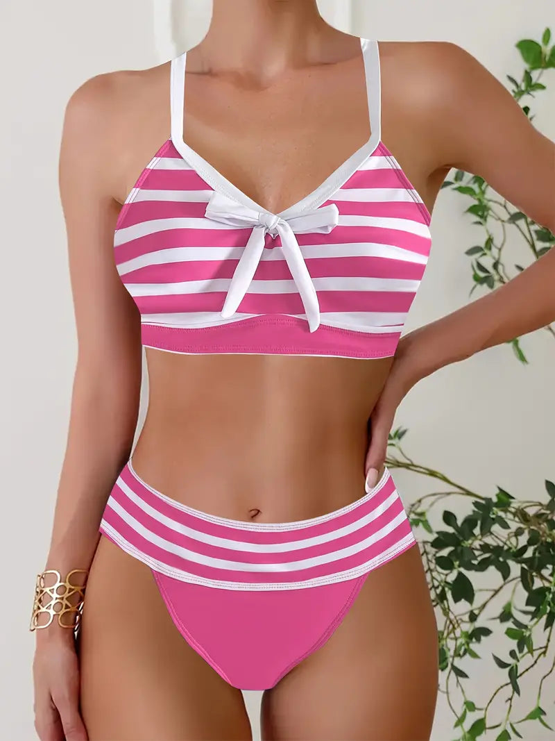 Sexy bikiny s pruhovaným potiskem a mašlí s výstřihem do V