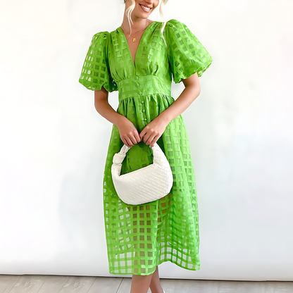 Elegantní letní midi šaty s krátkými puff rukávy