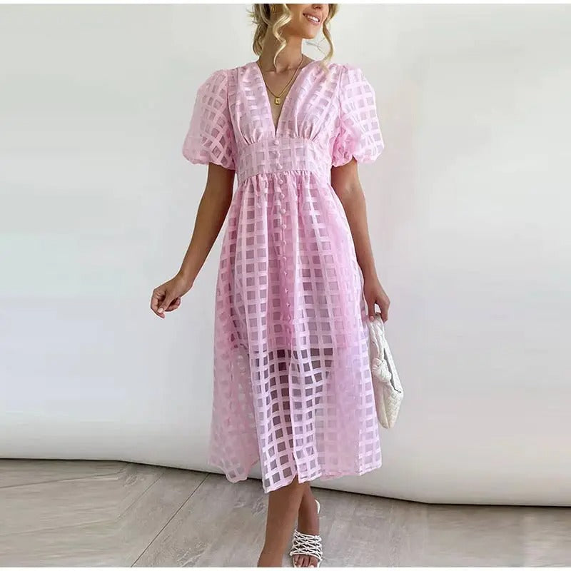 Elegantní letní midi šaty s krátkými puff rukávy