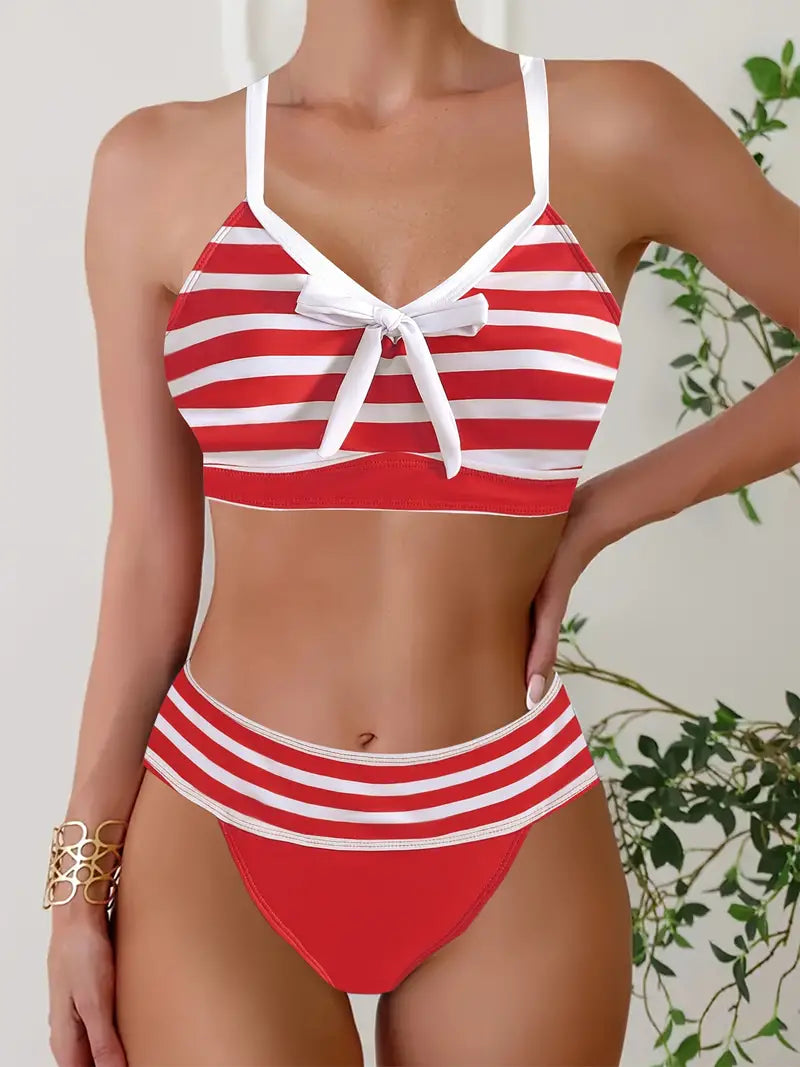 Sexy bikiny s pruhovaným potiskem a mašlí s výstřihem do V