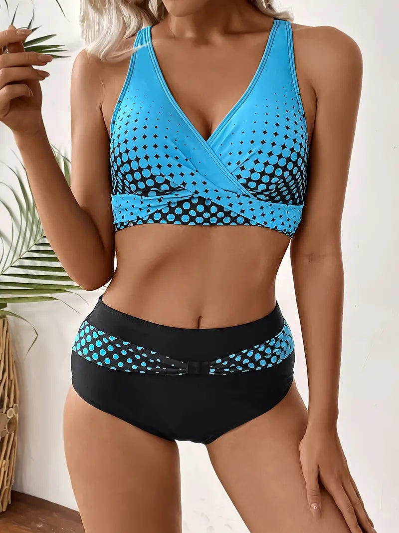 Módní a elegantní bikiny s náhodným potiskem a výstřihem do V