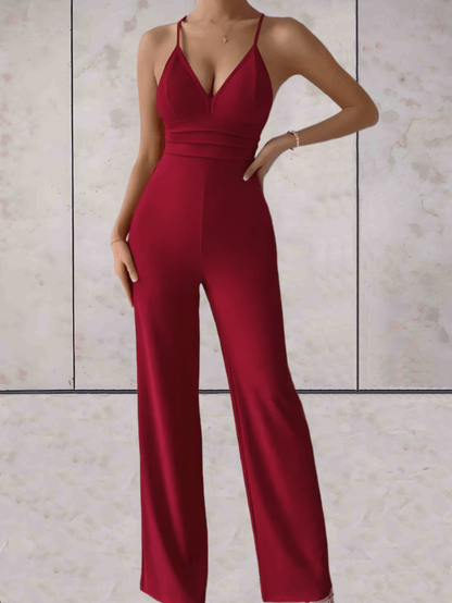 Camille - Elegantní a šik overal bez rukávů s výstřihem do V, holými zády a širokými nohavicemi