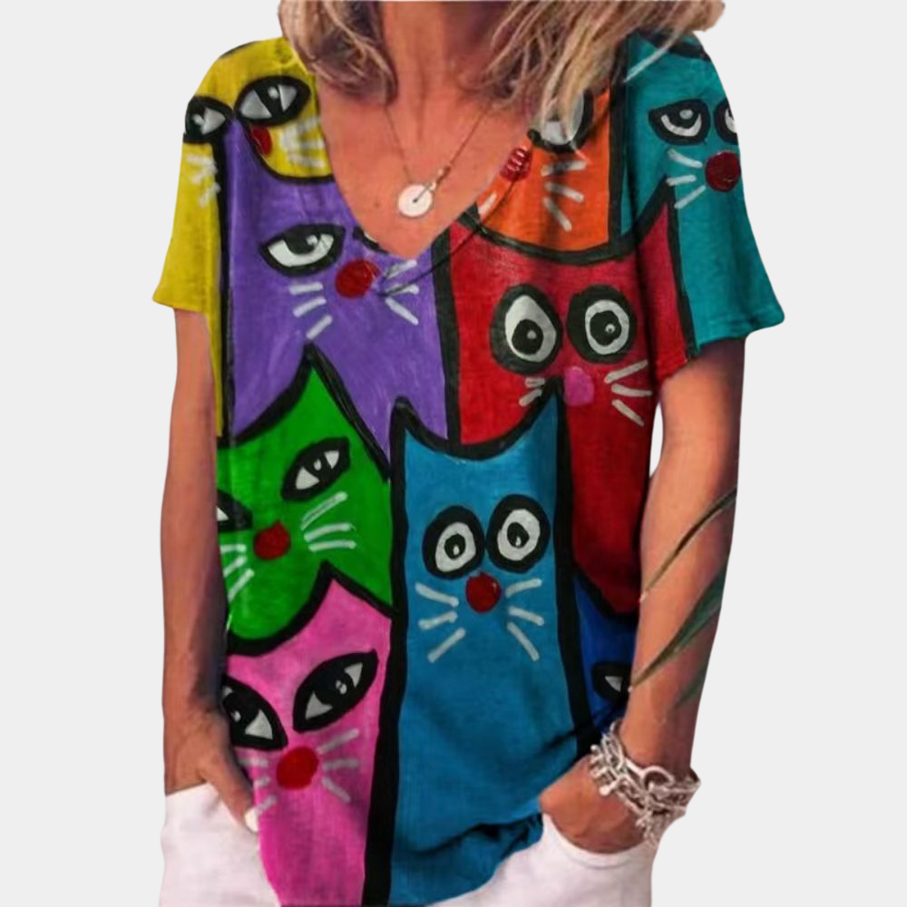 Trendy dámské tričko s potiskem kočky