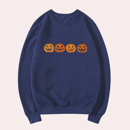 Afra - halloweenský svetr s kulatým výstřihem a dýňovým vzorem pro ženy