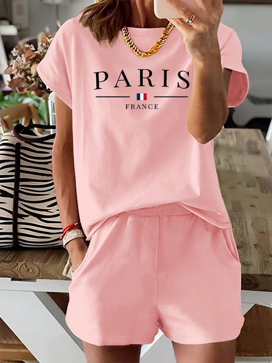 Volnočasové tričko a šortky - potisk Paris a pletenina