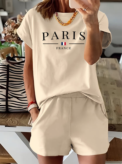 Volnočasové tričko a šortky - potisk Paris a pletenina