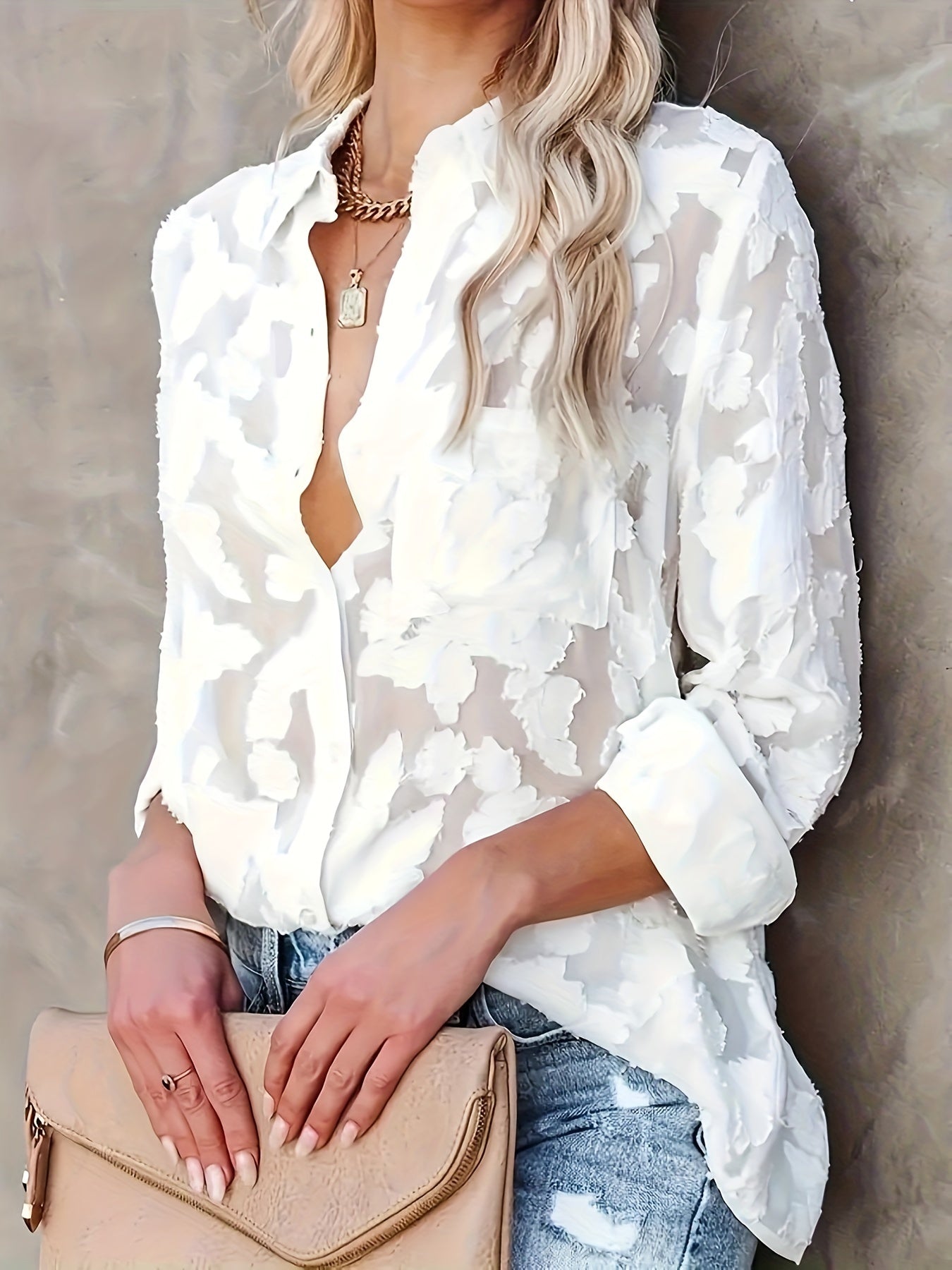 Žakárová halenka Sheer Lose - tkaný design a dlouhé rukávy
