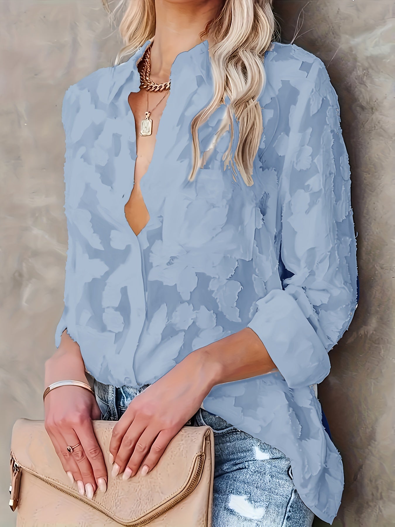 Žakárová halenka Sheer Lose - tkaný design a dlouhé rukávy