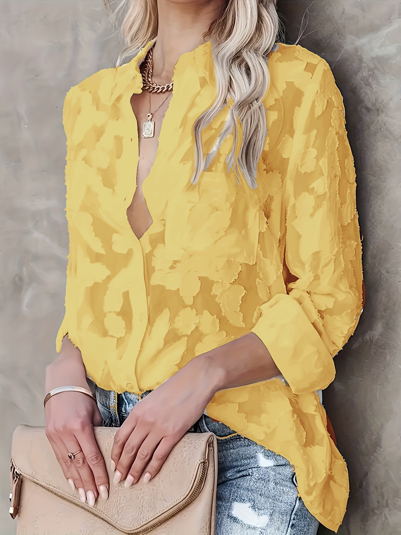 Žakárová halenka Sheer Lose - tkaný design a dlouhé rukávy