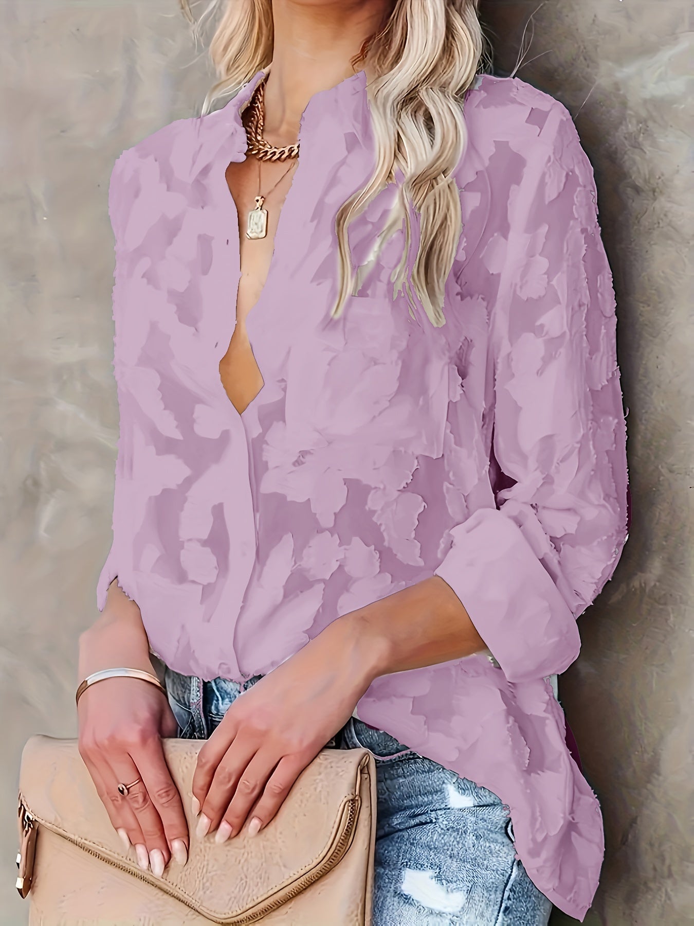 Žakárová halenka Sheer Lose - tkaný design a dlouhé rukávy