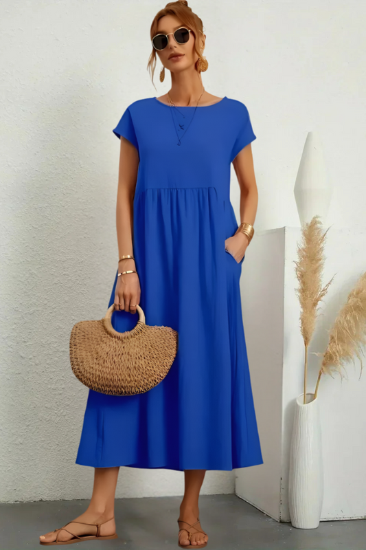 Elegantní midi šaty s kulatým výstřihem a klasickým střihem