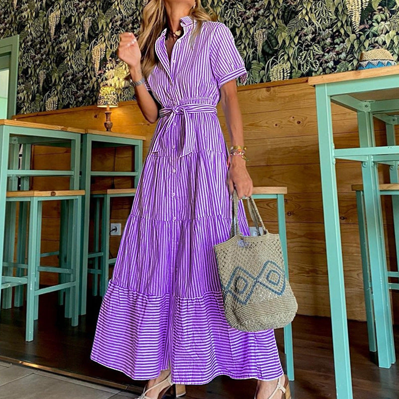 LD Fashion pruhované rukávy volné midi šaty krátké kalhoty