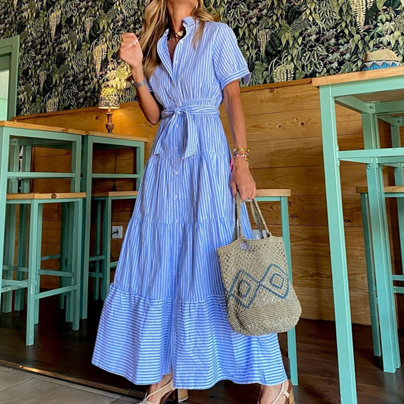 LD Fashion pruhované rukávy volné midi šaty krátké kalhoty