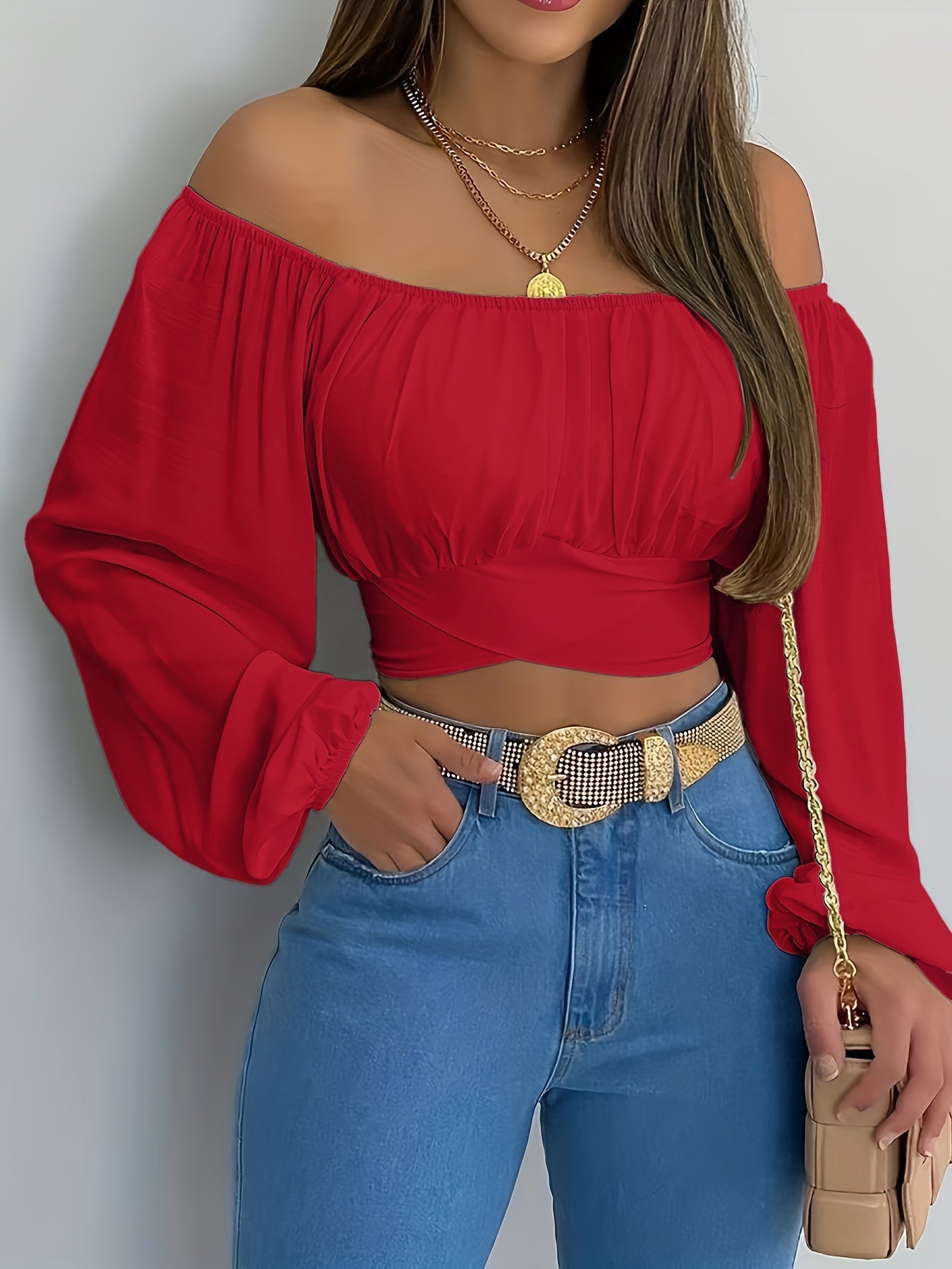 Halenka s dlouhými rukávy a pohodlným střihem - Off-Shoulder Tie Back Crop Blouse