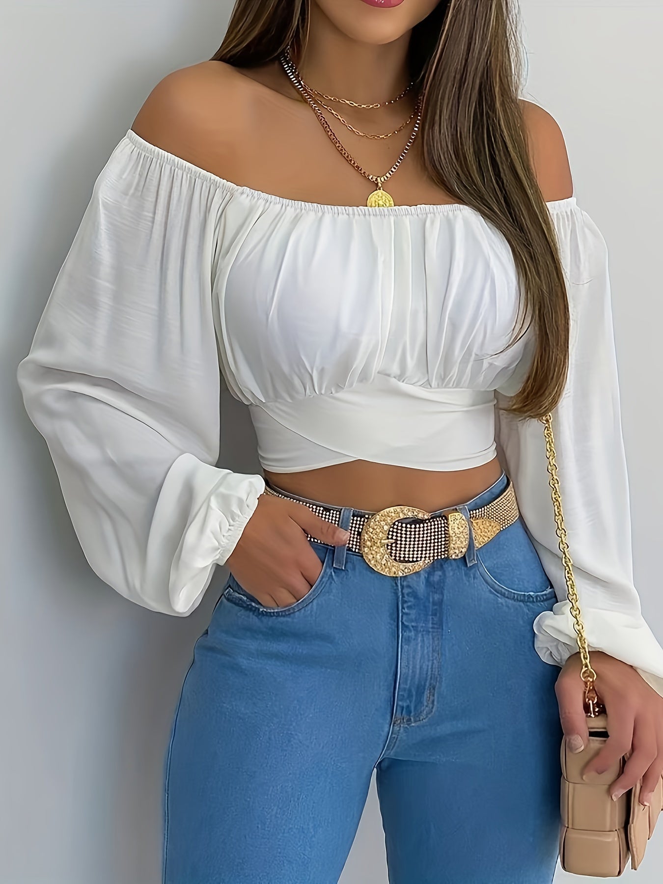 Halenka s dlouhými rukávy a pohodlným střihem - Off-Shoulder Tie Back Crop Blouse