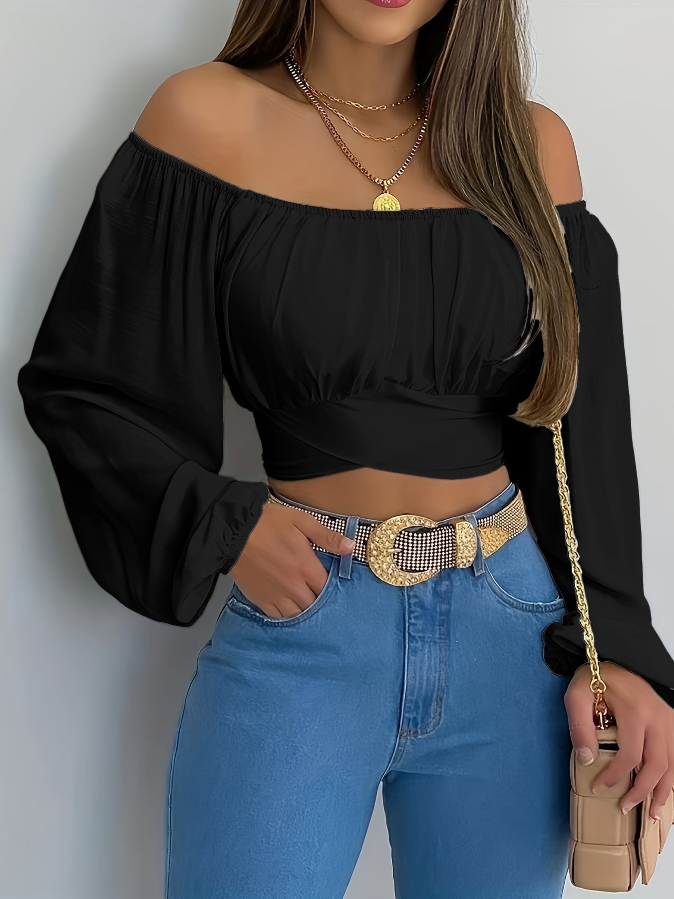 Halenka s dlouhými rukávy a pohodlným střihem - Off-Shoulder Tie Back Crop Blouse
