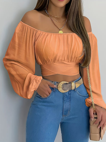 Halenka s dlouhými rukávy a pohodlným střihem - Off-Shoulder Tie Back Crop Blouse