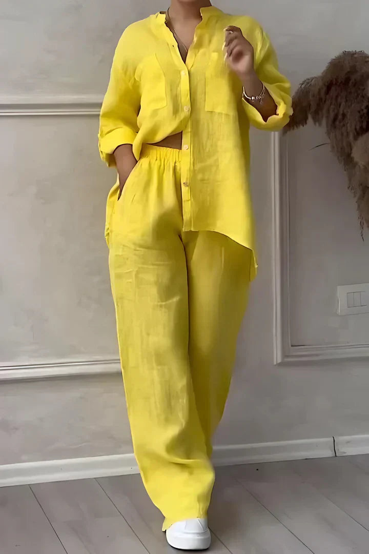 Abi - Dámský lněný top a kalhoty v podzimním stylu