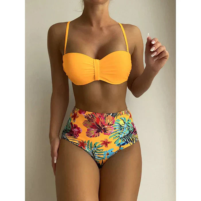 Elegantní bikiny s vysokým pasem a květinovým vzorem