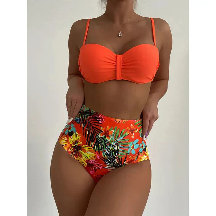 Elegantní bikiny s vysokým pasem a květinovým vzorem
