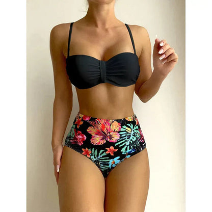 Elegantní bikiny s vysokým pasem a květinovým vzorem
