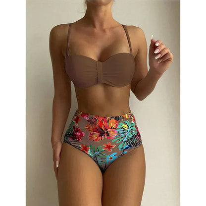 Elegantní bikiny s vysokým pasem a květinovým vzorem