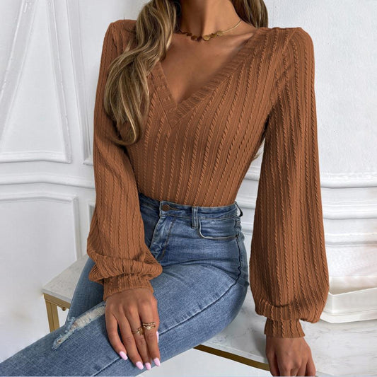 Lena - Elegantní pletený top s výstřihem do V a dlouhými rukávy pro ženy
