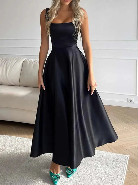 Midi večerní šaty na ramínka s širokou elegantní sukní