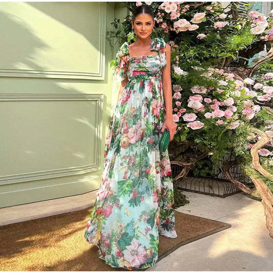Janey - Elegantní maxi šaty bez zad s květinovým potiskem