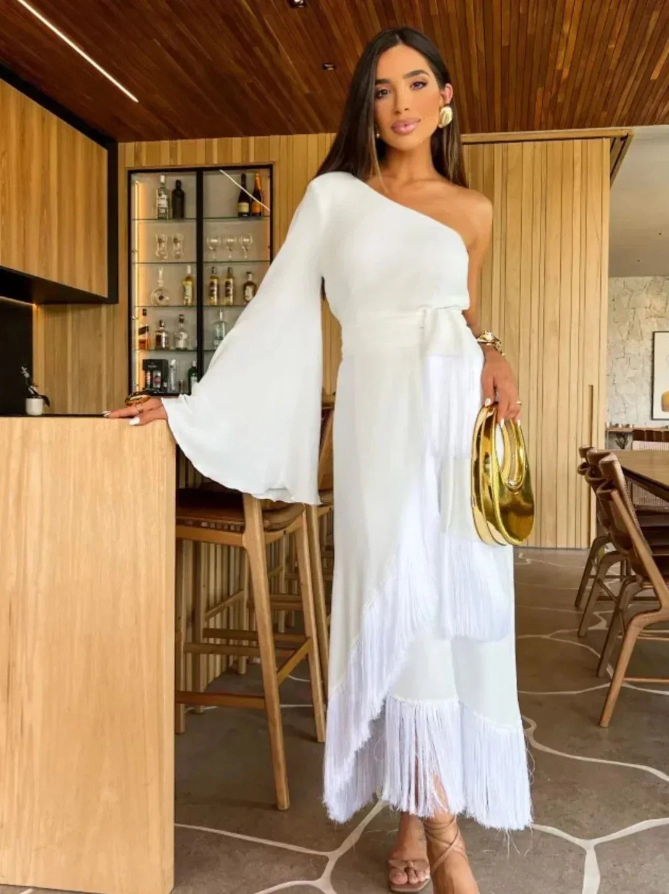 Leanne - Sexy dlouhé šaty na jedno rameno se střapcem a rozparkem