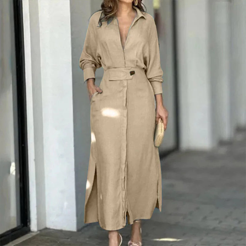 Amytist -Elegantní dámské šaty s dlouhými rukávy a bočním rozparkem