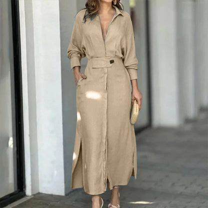 Amytist -Elegantní dámské šaty s dlouhými rukávy a bočním rozparkem