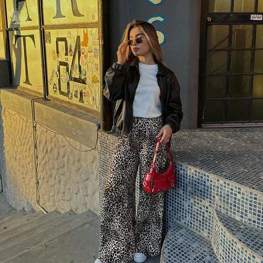 Široké vintage kalhoty s leopardím potiskem pro ženy