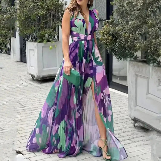 Eleana -Elegantní maxi šaty bez rukávů s výstřihem do V, s drapérií a vypasovaným střihem
