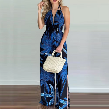 Tatiana - Elegantní květinový overal s ohlávkou