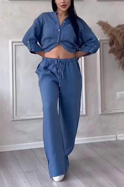Abi - Dámský lněný top a kalhoty v podzimním stylu