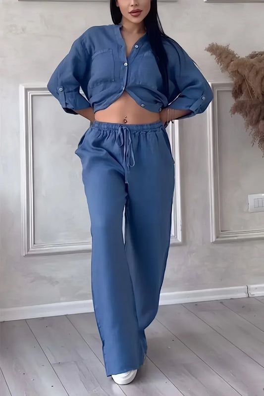 Abi - Dámský lněný top a kalhoty v podzimním stylu
