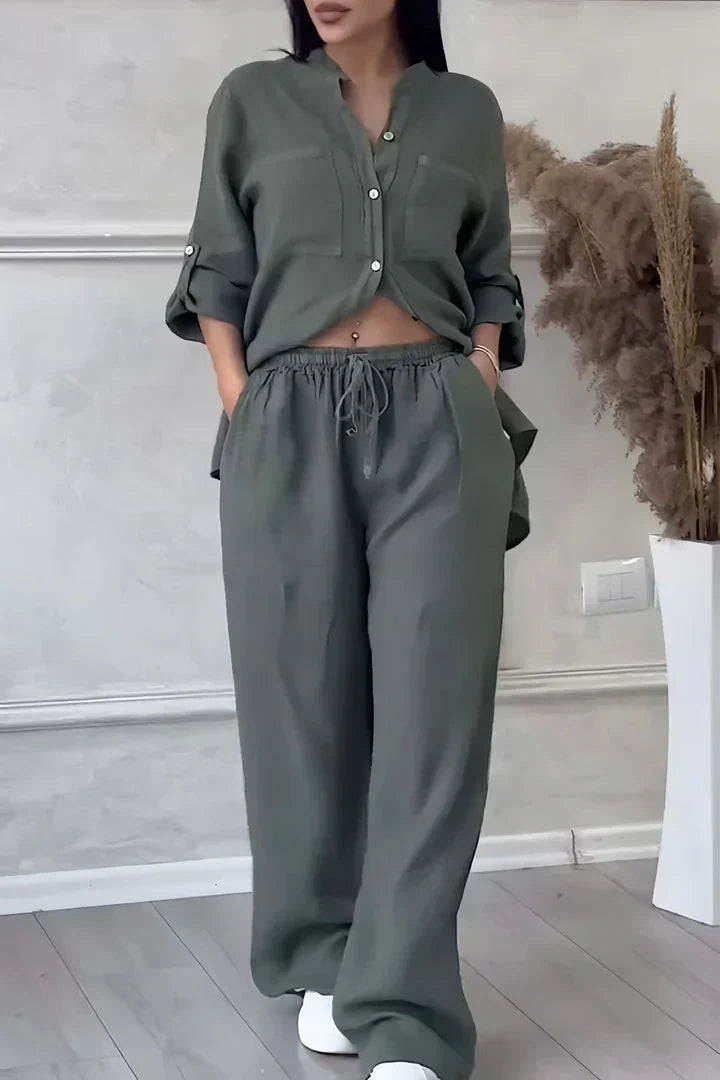 Abi - Dámský lněný top a kalhoty v podzimním stylu