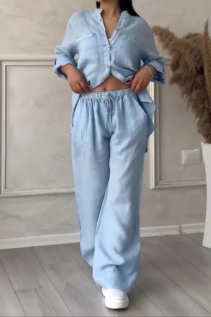 Abi - Dámský lněný top a kalhoty v podzimním stylu
