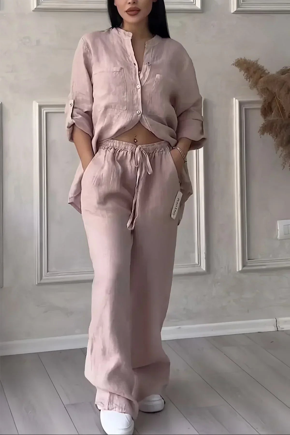 Abi - Dámský lněný top a kalhoty v podzimním stylu
