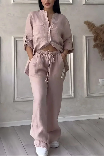 Abi - Dámský lněný top a kalhoty v podzimním stylu