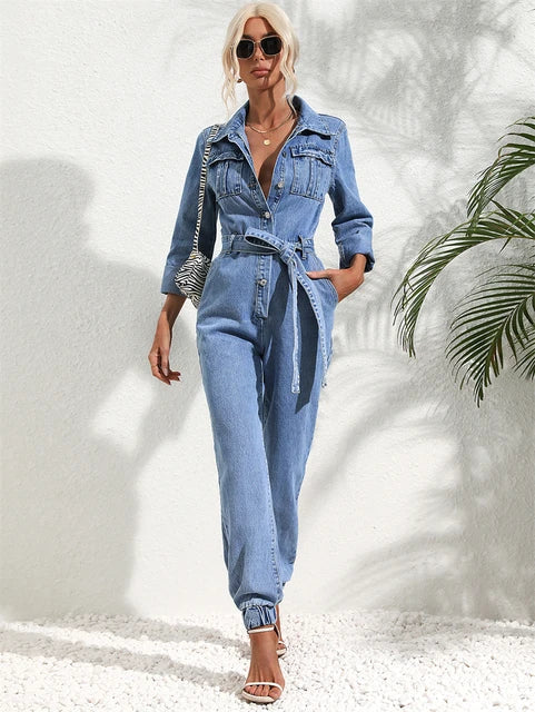 Karen - Dámský overal Blauw Denim Halter Riem