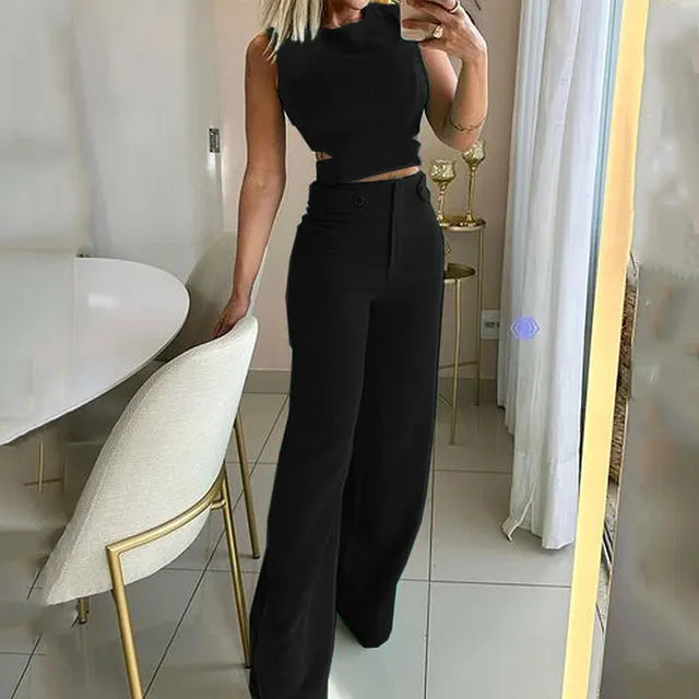 Hyacint - Elegantní oříznutý top s vysokým pasem Dlouhé kalhoty Obleky