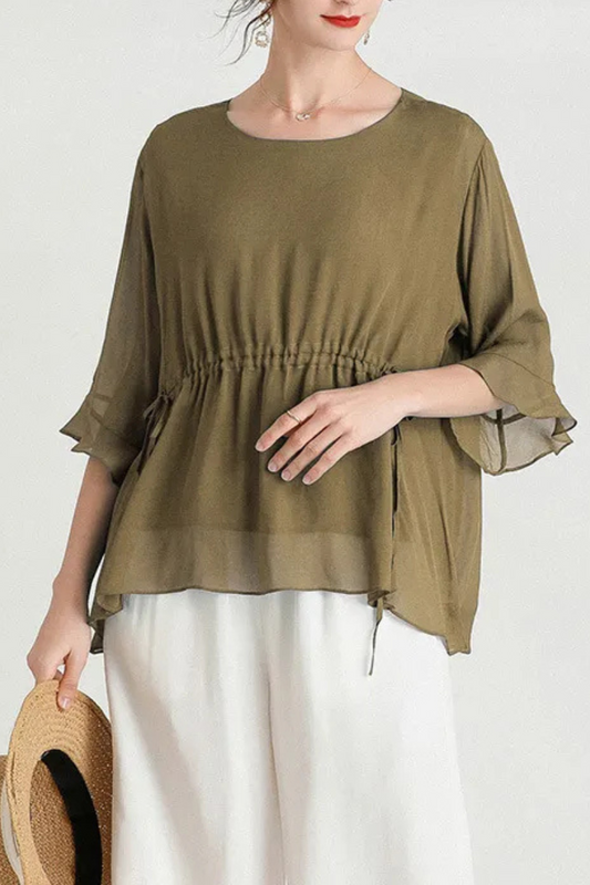 Zalani | Letní hedvábná halenka s krátkými rukávy Plus Size Slimming Silk Blouse