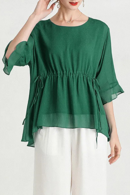 Zalani | Letní hedvábná halenka s krátkými rukávy Plus Size Slimming Silk Blouse