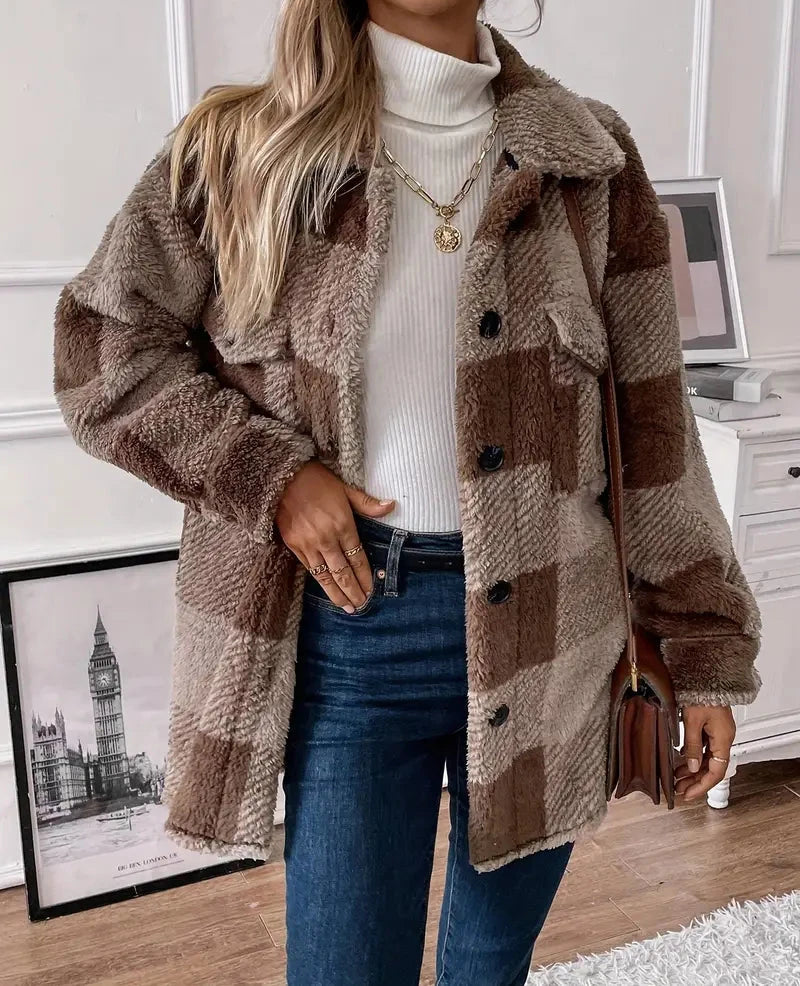 Almina Coat | Dámský huňatý kostkovaný kabát