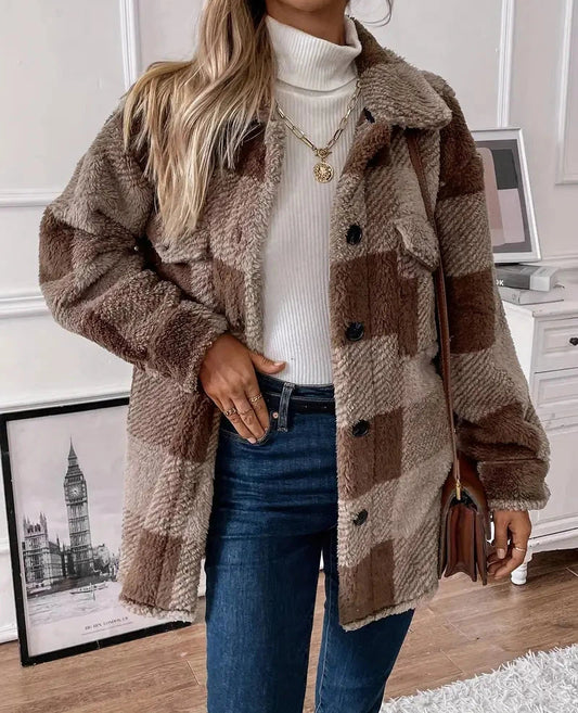 Almina Coat | Dámský huňatý kostkovaný kabát