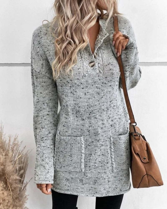Aimee - Dlouhý stylový šedý svetr s kapsami pro ženy v zimě