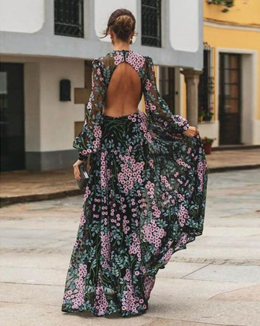 Belinda - Vintage květinové maxi šaty bez zad