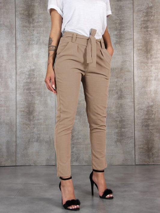 Valérie - Kalhoty slim fit z hedvábného šifonu s elastickým pasem a lemováním v pase